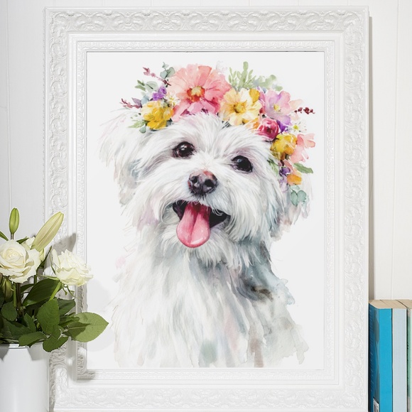 Watercolor White Maltese Dog Portrait Wall Art Print Poster, Unframed - Picture 6 of 6